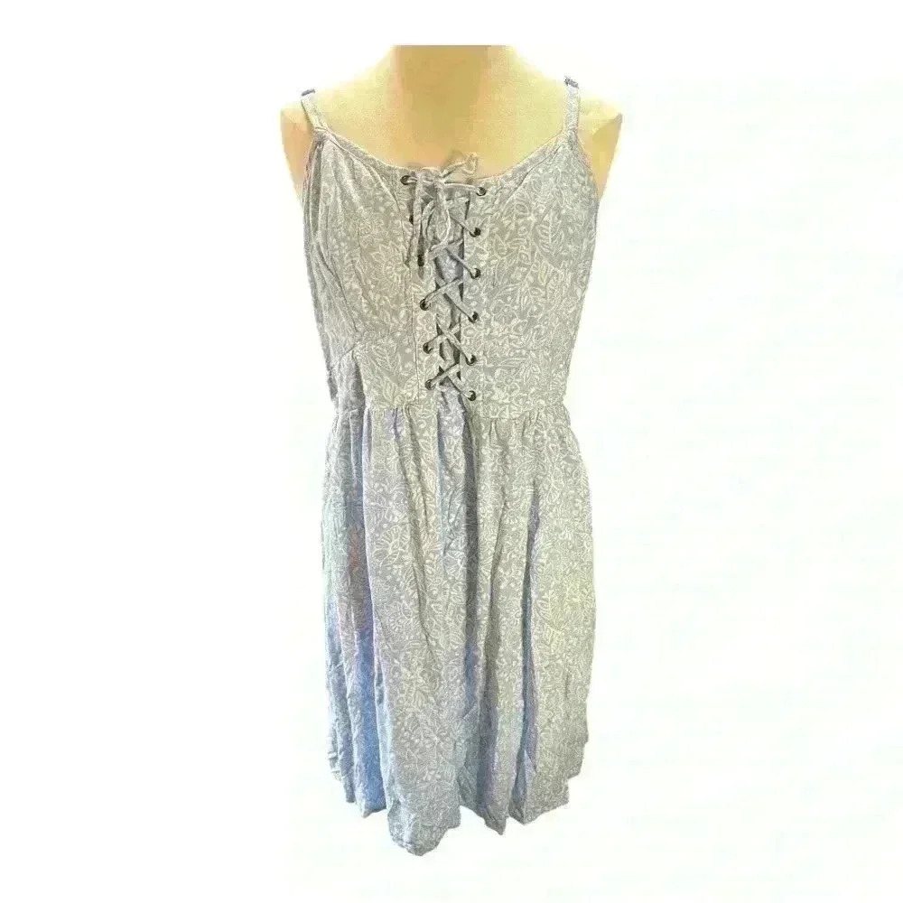 Torrid Floral Print Lace Up Challis Tank Dress Blue - Picture 3 of 6